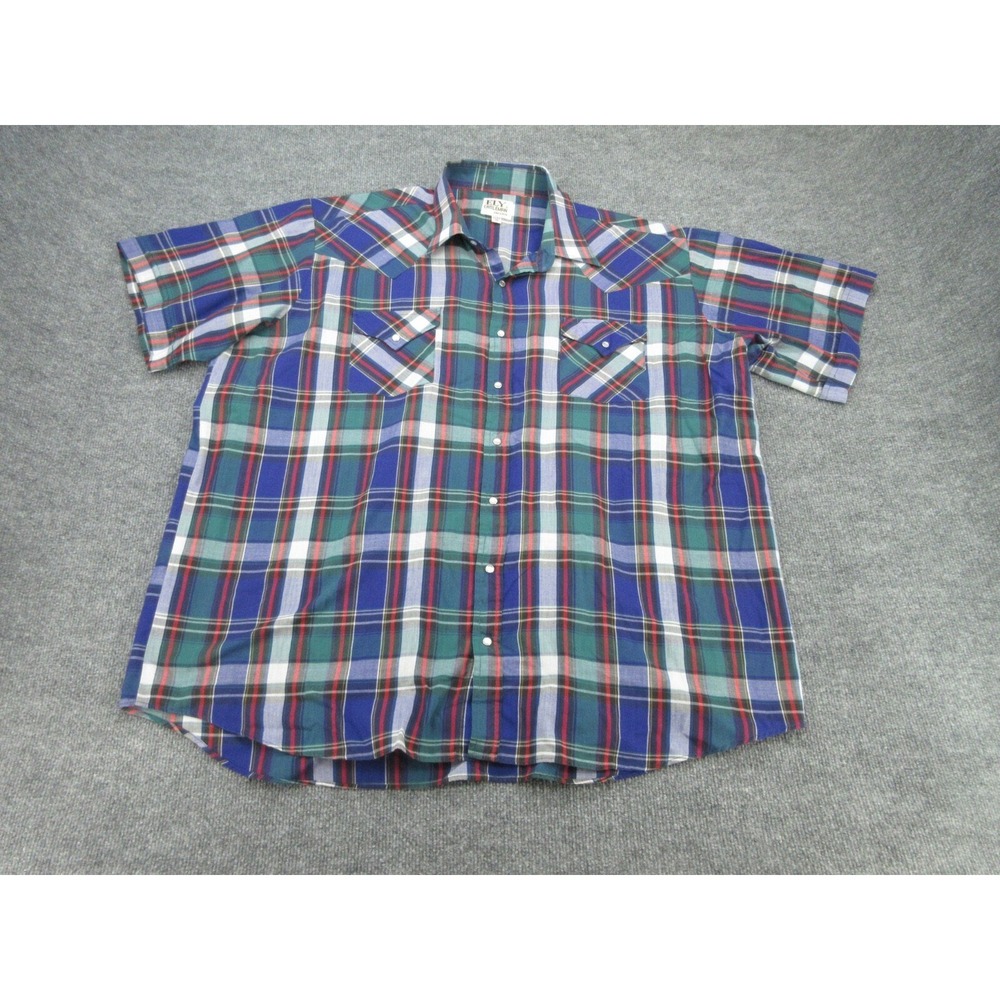 Ely Cattleman Mens Western Shirt Big Fit Blue Green Plaid Pearl Snap 2X Big